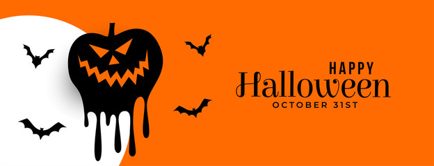 happy halloween orange banner with scary pumpkin and flying bats