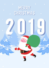 Obraz na płótnie Canvas Merry Christmas Postcard with Santa Claus and Gifts. Winter Holidays Greeting Card Template. Happy New Year Banner with Santa on Winter Snow Landscape with Fir Tree. Vector illustration