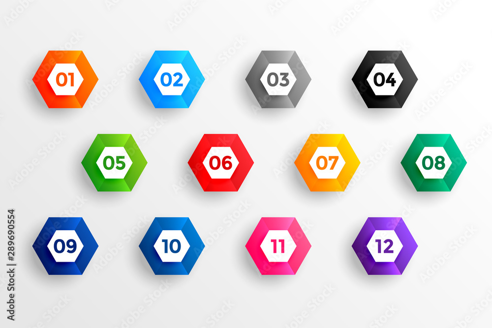Wall mural number bullet points in 3d hexagon shape from one to twelve