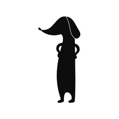 Funny dachshund dog standing black silhouette flat vector illustration isolated.