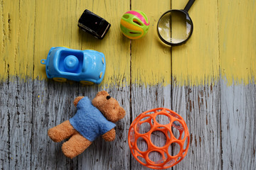 Toy of kids on the wooden table