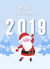 Merry Christmas Postcard with Santa Claus. Winter Xmas Holidays Greeting Card Template. Happy New Year Banner with Santa on Winter Snow Landscape with Fir Tree. Vector illustration