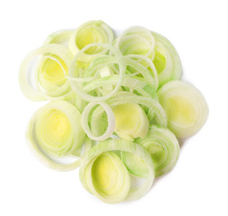 Fresh raw leek slices on white background, top view. Ripe onion