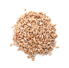 Pile of wheat grains on white background, top view. Cereal crop