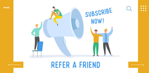 Refer a Friend Digital Marketing Landing Page Template. Megaphone Promotion with People. Loudspeaker with Tiny Characters. Social Media Communication Website Banner. Vector flat cartoon illustration