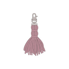 Violet tassel with a fringe of threads on a metal carabiner for decoration.