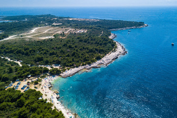 Fototapeta na wymiar Kamenjak Njive beach near Premantura, Istria , Croatia. Aerial drone photo , summer 2019