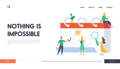 Reminder, Time Table Concept Landing Page. Business People Working on Schedule. Tiny Characters Planning Work Project on Desk Calendar for Website. Vector illustration