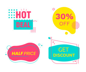 Hot Deal Sale Set of Tags Icons and Signs with Typography for Half Price Offer. Cards Banners or Logo. Design Elements for Social Media Off Advertising Promo or Print Cartoon Flat Vector Illustration
