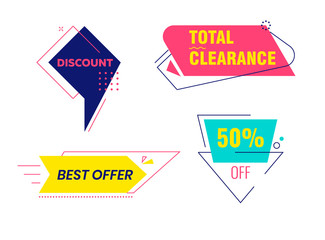 Total Clearance Discount Banners Set. Colorful Tags Icons or Stickers with Title and Typography Elements. Best Offer Posters for Retail Marketing Promotion Discount Ad Cartoon Flat Vector Illustration
