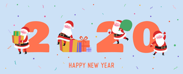 Happy Holidays Greeting Card with Santa Claus, Gift Boxes for Xmas Party. Merry Christmas Postcard. Happy New 2020 Year Banner with Santa for Poster, Invitation. Vector illustration