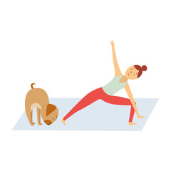 Cute young girl and her pet dog doing Yoga asana flat vector illustration isolated.