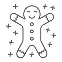 Gingerbread cookie thin line icon, christmas and sweets, xmas dessert sign, vector graphics, a linear pattern on a white background.
