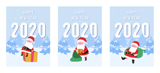 Fototapeta na wymiar Merry Christmas Postcards Set with Santa Claus and Gifts. Winter Holidays Greeting Card Template. Happy New 2020 Year Banner with Santa on Winter Snow Landscape with Fir Tree. Vector illustration