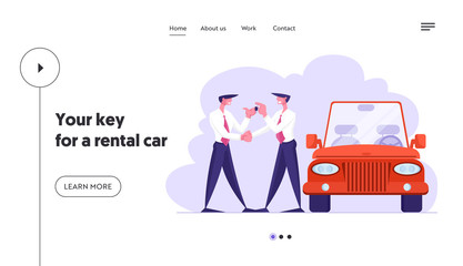 Business Car Sharing Service Website Landing Page. Auto Rental, Test Drive or Carpool. Businessman Dealer Give Key to Driver. Selling, Rent Automobile Web Page Banner. Cartoon Flat Vector Illustration