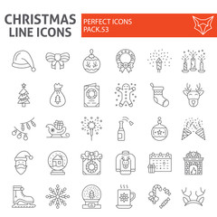 Christmas thin line icon set, holiday symbols collection, vector sketches, logo illustrations, new year signs linear pictograms package isolated on white background.