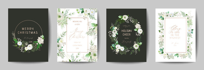 Elegant Merry Christmas and New Year 2020 Card with Pine Wreath, Mistletoe, Winter plants design illustration for greetings, invitation 2019, flyer, brochure, cover in vector