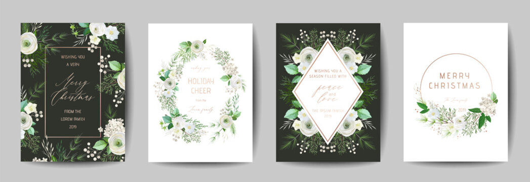 Elegant Merry Christmas and New Year 2020 Card with Pine Wreath, Mistletoe, Winter plants design illustration for greetings, invitation 2019, flyer, brochure, cover in vector