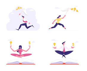 Set of Office Workers Meditating with Dollar Sign and Light Bulb. Businessman and Businesswoman Catching Flying Lightbulb with Butterfly Net, Inspiration Creative Idea Cartoon Flat Vector Illustration