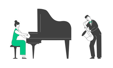 Pianist and Saxophone Player in Concert Costume Playing Musical Composition on Grand Piano and Sax for Jazz Performance on Stage. Artists Performing on Scene Cartoon Flat Vector Illustration, Line Art
