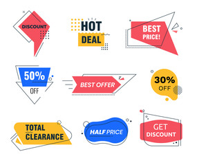 Memphis Style Discount Tags Colorful Geometric Shapes and Line Patterns. Social Media Trendy Template for Total Clearance Sale. Design Ad Poster, Promo Flyer Cards Cartoon Flat Vector Illustration