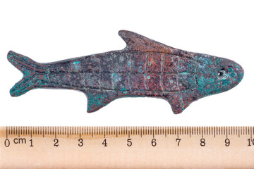 Ancient bronze coins in the form of fish Zhou Dynasty. China. Obverse. Isolated on white