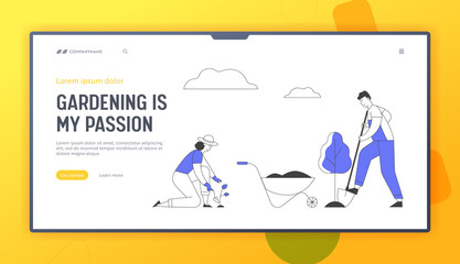 Happy Couple of Farmers Working in Garden Website Landing Page. Man Digging Soil and Care of Tree, Woman Planting Sprout to Ground, Hobby Web Page Banner. Cartoon Flat Vector Illustration, Line Art