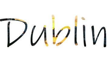 The word Dublin filled in by the Dublin skyline at sunset. Great for designs or other Ireland usage.