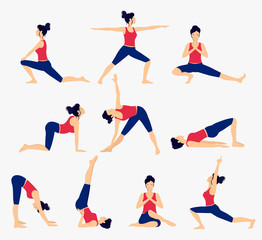 Various yoga poses set. Female yoga vector illustration. Healthy lifestyle. - obrazy, fototapety, plakaty