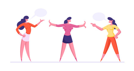 Young Women Yelling on Each Other, Girl Stand Between them Prevent Fight. Businesswomen Disagreement, Work Conflict Between Female Colleagues or Office Employees. Cartoon Flat Vector Illustration