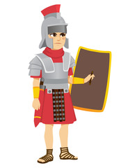 Roman legionary soldier with sword on belt holding shield