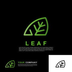 Fototapeta premium Green leaf logo template. Line art style logo design concept.