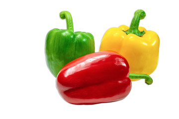 Fresh vegetables Three sweet Red, Yellow, Green Peppers isolated