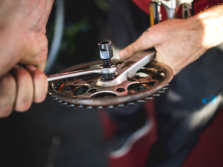 Fixing the bicycle problem in workshop stock photo