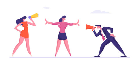 Confrontation in Business. Man and Woman Arguing and Yelling in Megaphone to Each Other. Colleague Trying to Stop Aggressive Coworkers Verbal Fight. Conflict People. Cartoon Flat Vector Illustration