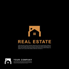 Creative design real estate logo. Building clean concept orange color on black background.