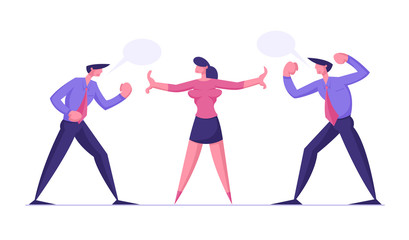 Businesswoman Referee Stand between of Angry Men Preparing to Fight Waving Fists and Arguing. Business Competition Challenge, Fighting for Leadership, Disagreement. Cartoon Flat Vector Illustration