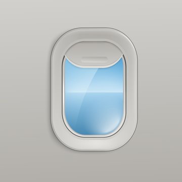 Airplane open window with view of the sky and sea realistic vector illustration.