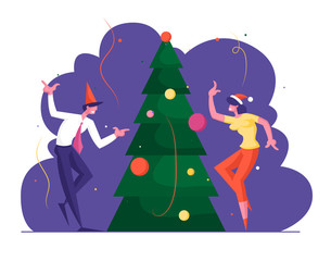 Cheerful Colleagues in Santa Hats Celebrate Xmas Party in Office Dancing at Decorated Christmas Tree. Happy People Workers Having Fun. Joyful Managers at Workplace Cartoon Flat Vector Illustration