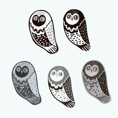 Isolated design with graphic silhouettes of owls on white background.