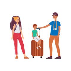 Family - father, mother and child travel flat cartoon vector illustration isolated.