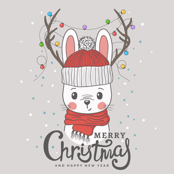 Cute little rabbit with deer horns, christmas garland, knitted cap, scarf. Christmas card. New Year. Season's Greetings. Vector illustration