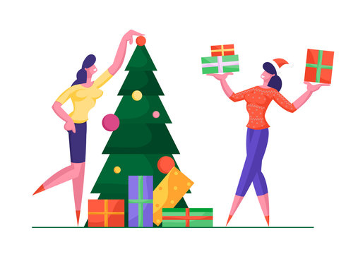 Young Women Decorate Christmas Tree and Presenting Gifts to Each Other. Merry Christmas and Happy New Year Season Greeting Concept with Business People Corporate Party Cartoon Flat Vector Illustration