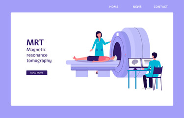 MRI machine - flat cartoon landing page banner with people in hospital