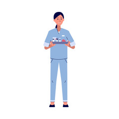 Cartoon nurse woman in professional uniform standing with tray of medicine