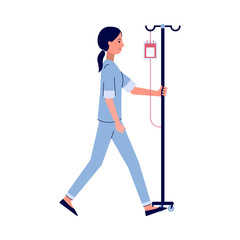 Cartoon nurse walking with IV bag full of blood on IV pole