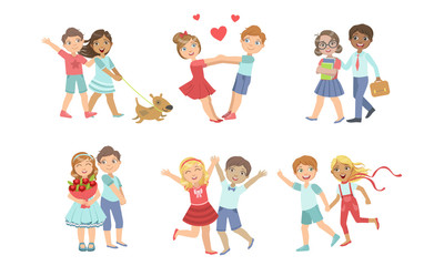 Cute Teenage Couples Set, Adorable Boys and Girls Having Good Time Together Vector Illustration