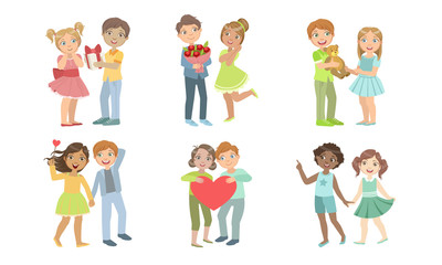 Cute Happy Teenage Couples Set, Adorable Boys and Girls Having Good Time Together Vector Illustration