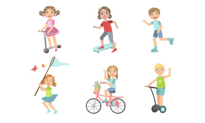 Kids Summer Outdoor Activities Set, Cute Boys and Girls Riding Bike, Rollers, Kick Scooter, Skateboard, Hovercraft, Catching Butterfly with Net Vector Illustration