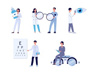 Eye doctor staff set - flat cartoon people in medical uniform holding equipment